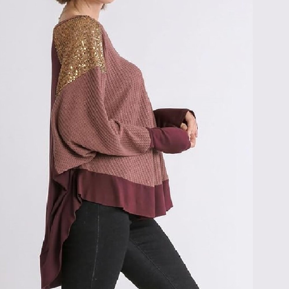 Umgee Dolman LS Waffle Knit Sweater High Low Hem Oversized Sz L Tag PTP 27"